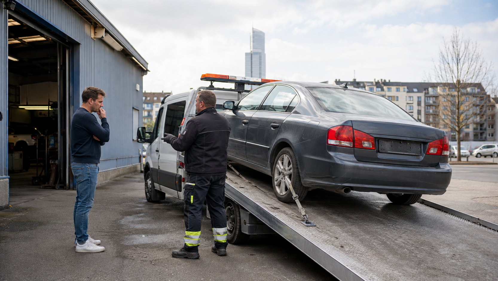 Biltransport av avställd bil på bärgningsbil utanför verkstad
