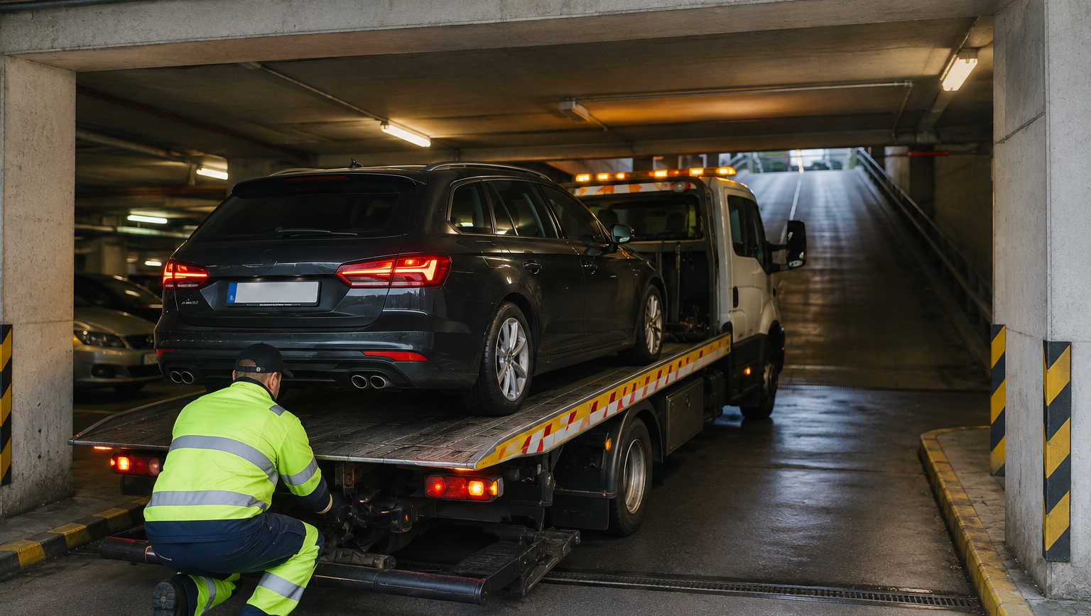 Bärgningsbil med personbil på flaket inne i ett lågt parkeringsgarage